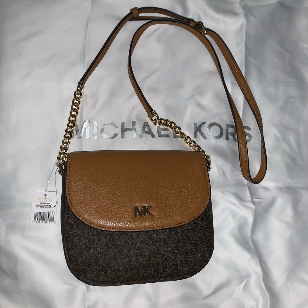 Michael Kors Tan and Brown Crossbody Bag with Gold Chain